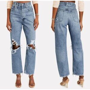 Agolde Women's 27 90s Mid Rise Loose Fit Distressed‎ Light Wash Button Fly Jeans